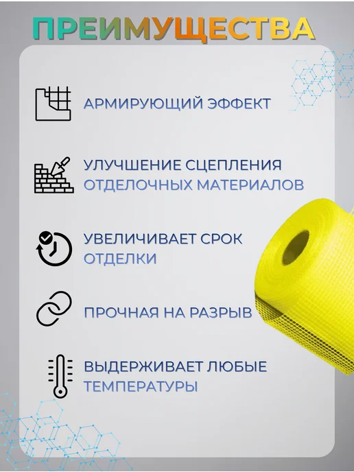 сетка синяя/желтая Сетка для штукатурки стен 1х10м 145г м2 желтая, 10 м, 145 г, фото 2