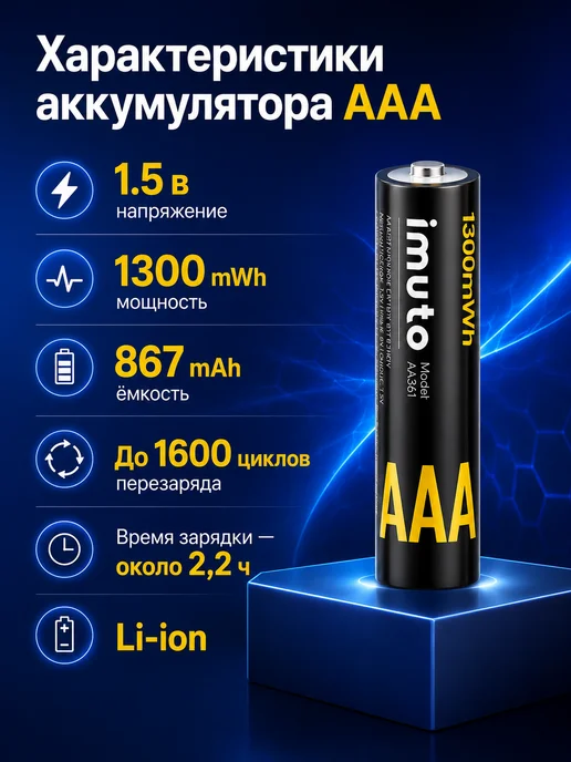 Imuto AA 3000 mWh 4шт + AAA 1300 mWh 4шт + ЗУ комплект, 4 шт, 4 шт, фото 3