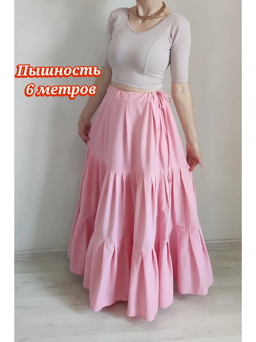 Юбка из поплина розовая на завязках ярусная