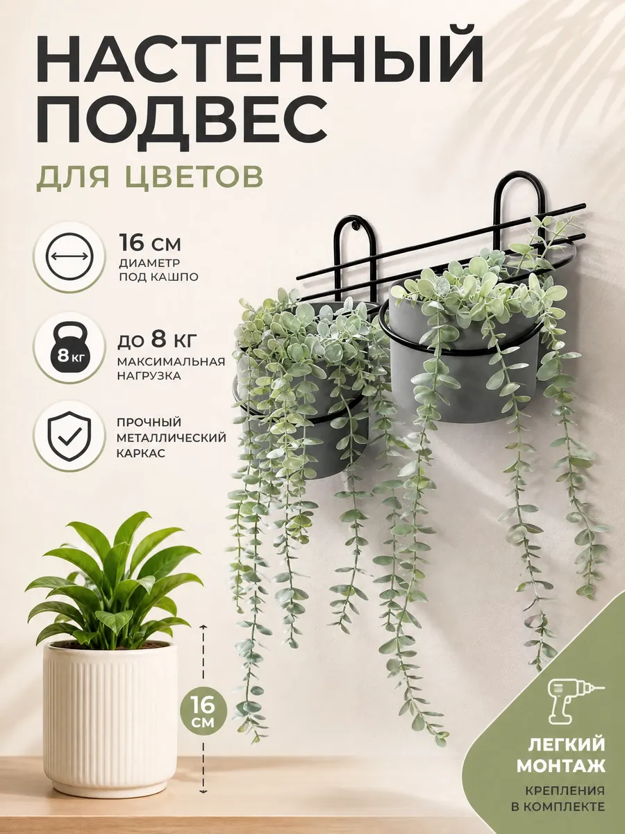 Подвес для кашпо настенный металлический d16см