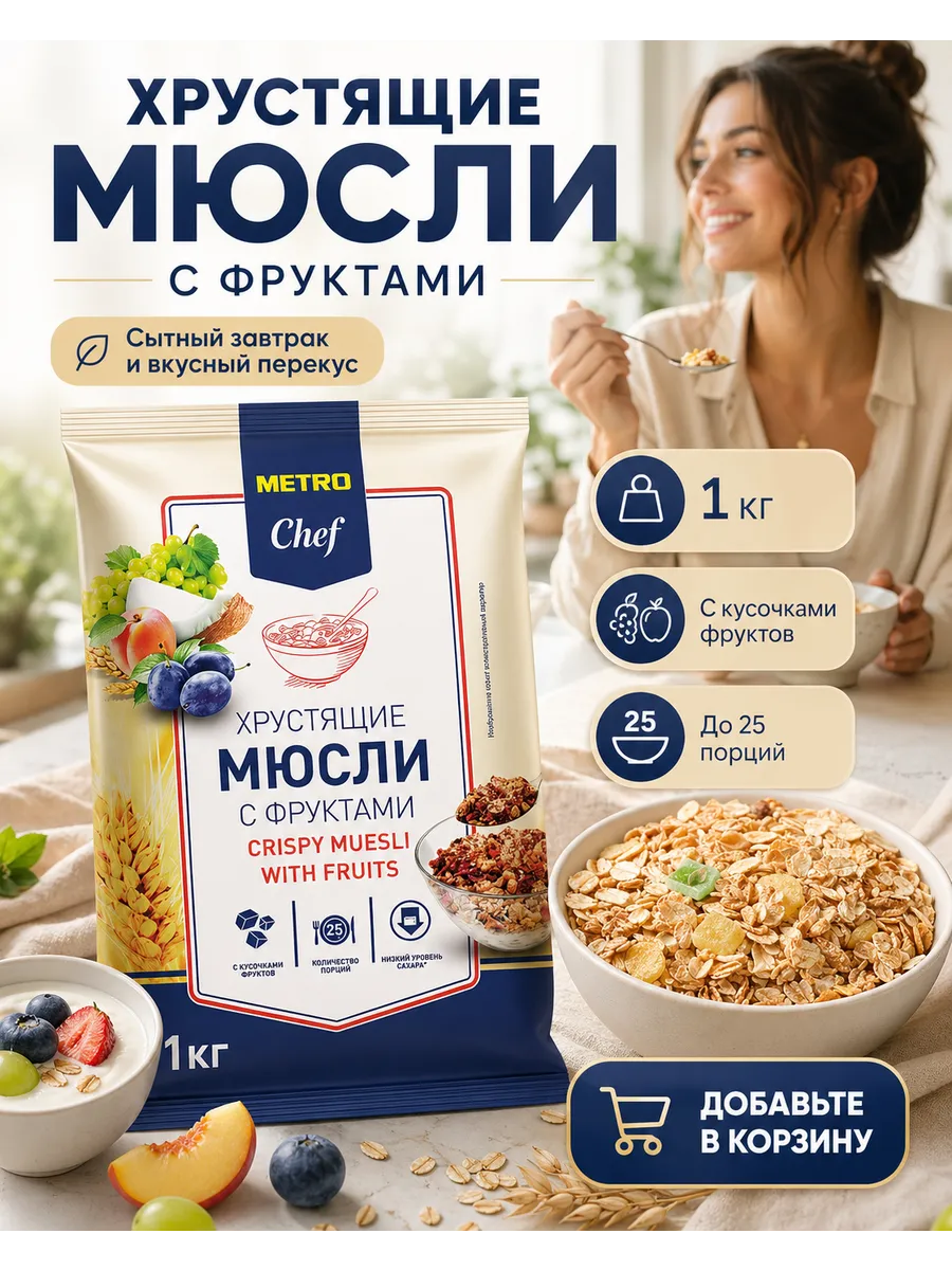 Мюсли хрустящие с кусочками фруктов, 1кг