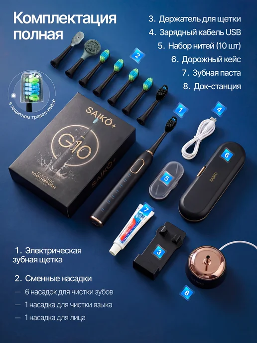 Saiko Электрическая зубная щетка звуковая черная для взрослых, черный, фото 3
