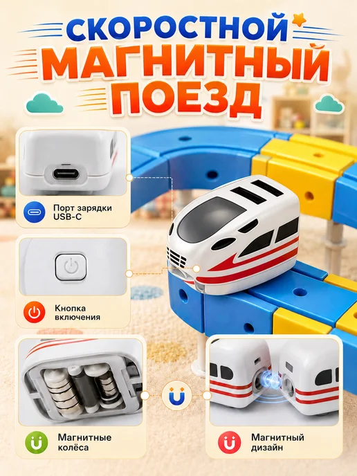 Магно Железная дорога с электропоездом Магнитный поезд с треками, желтый, фото 3