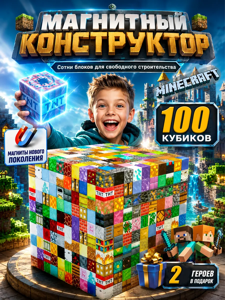 Магнитный конструктор Майнкрафт 100 блоков