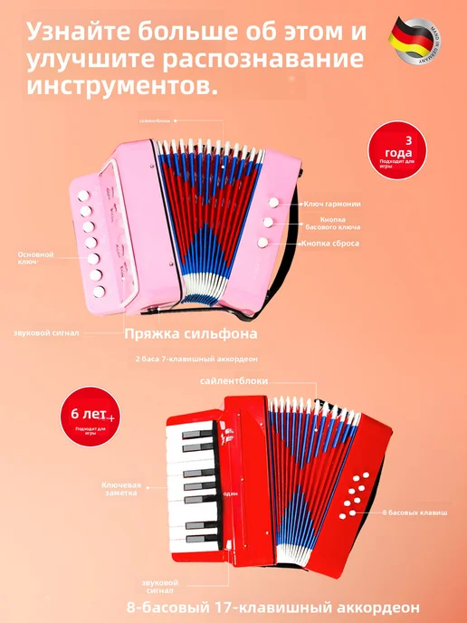 Детский аккордеон для начинающих В ПОДАРОК губная гармошка, вариант, фото 3