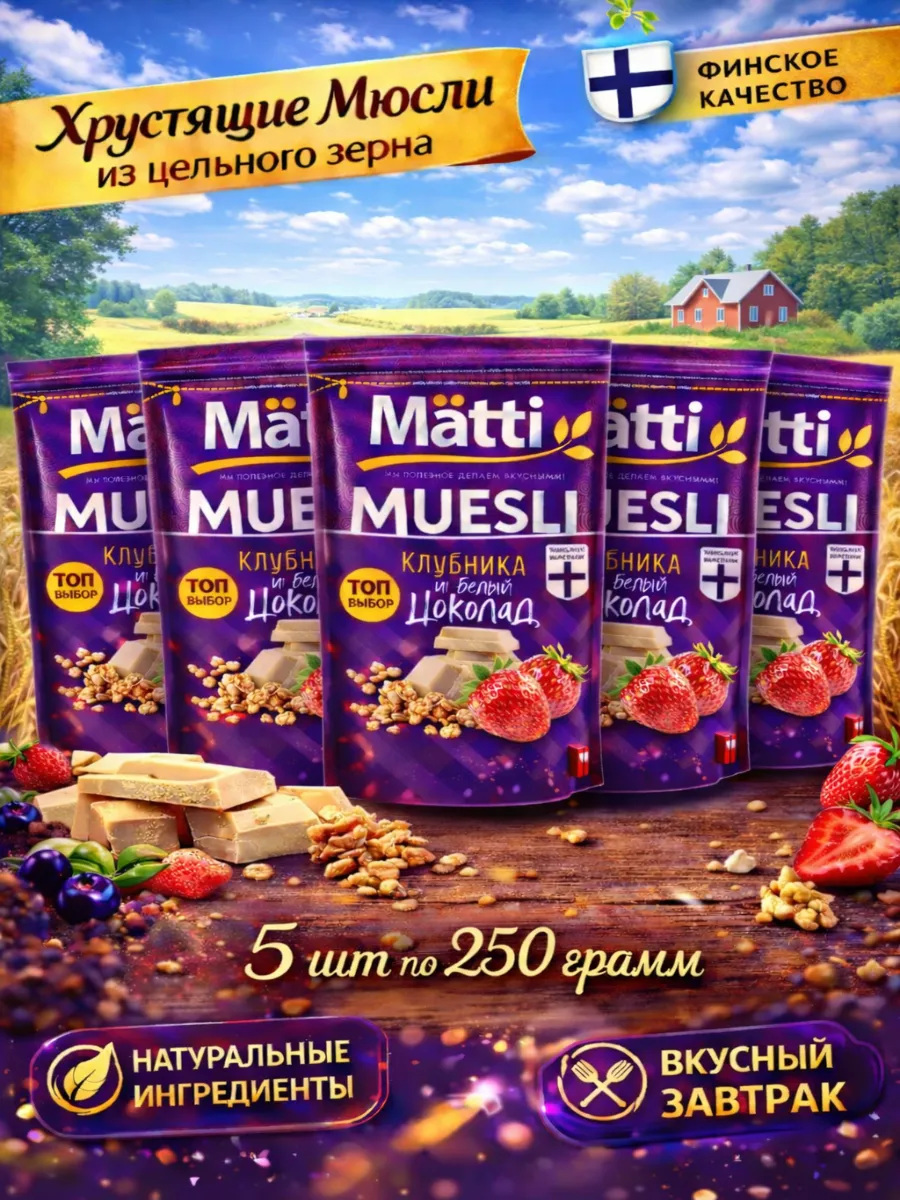 Мюсли запеченные c клубникой и белым шоколадом 5х250г