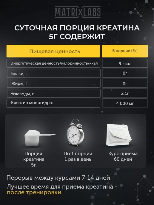 Matrix Labs Креатин моногидрат порошок 300 г, 60 порций, без вкуса, 300 г, фото 2