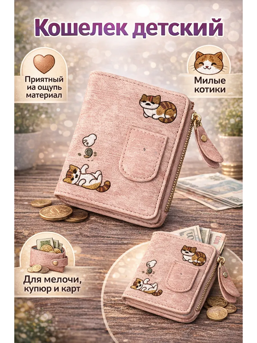 Кошелек детский розовый для мелочи и купюр