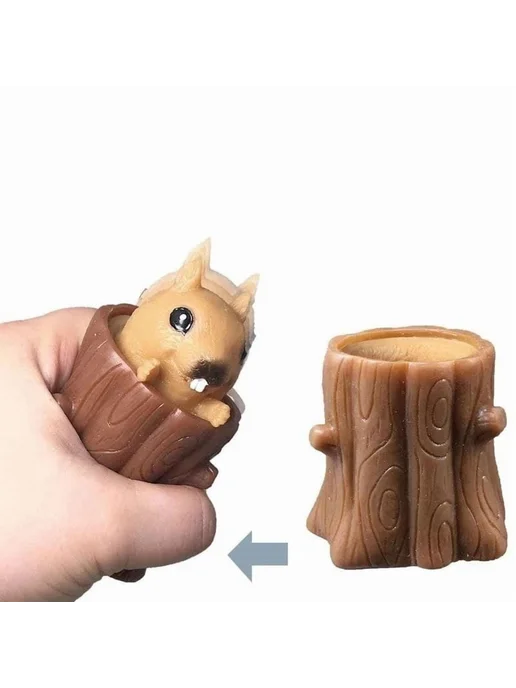 Белка антистресс в пеньке, игрушка желтый, силикон, желтый, фото 2