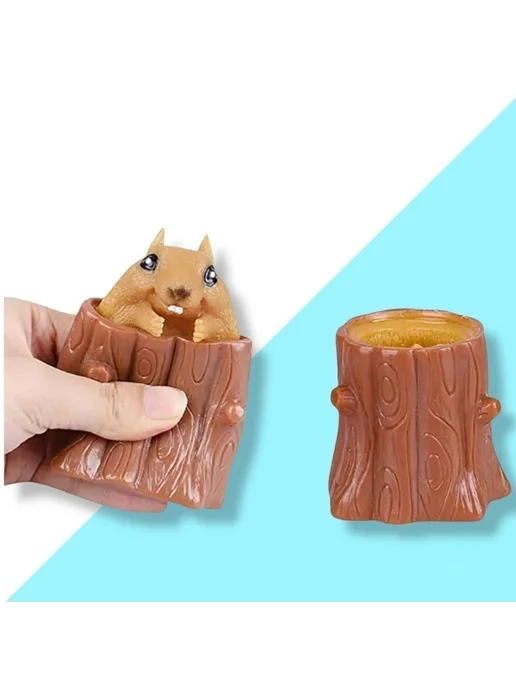 Белка антистресс в пеньке, игрушка желтый, силикон, желтый, фото 6