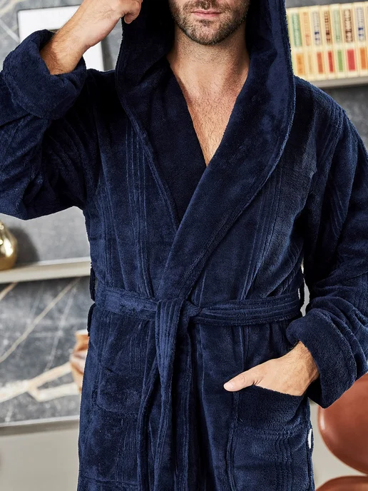 POLENS HOME COLLECTION Халат махровый банный теплый ADAM с капюшоном, голубой
