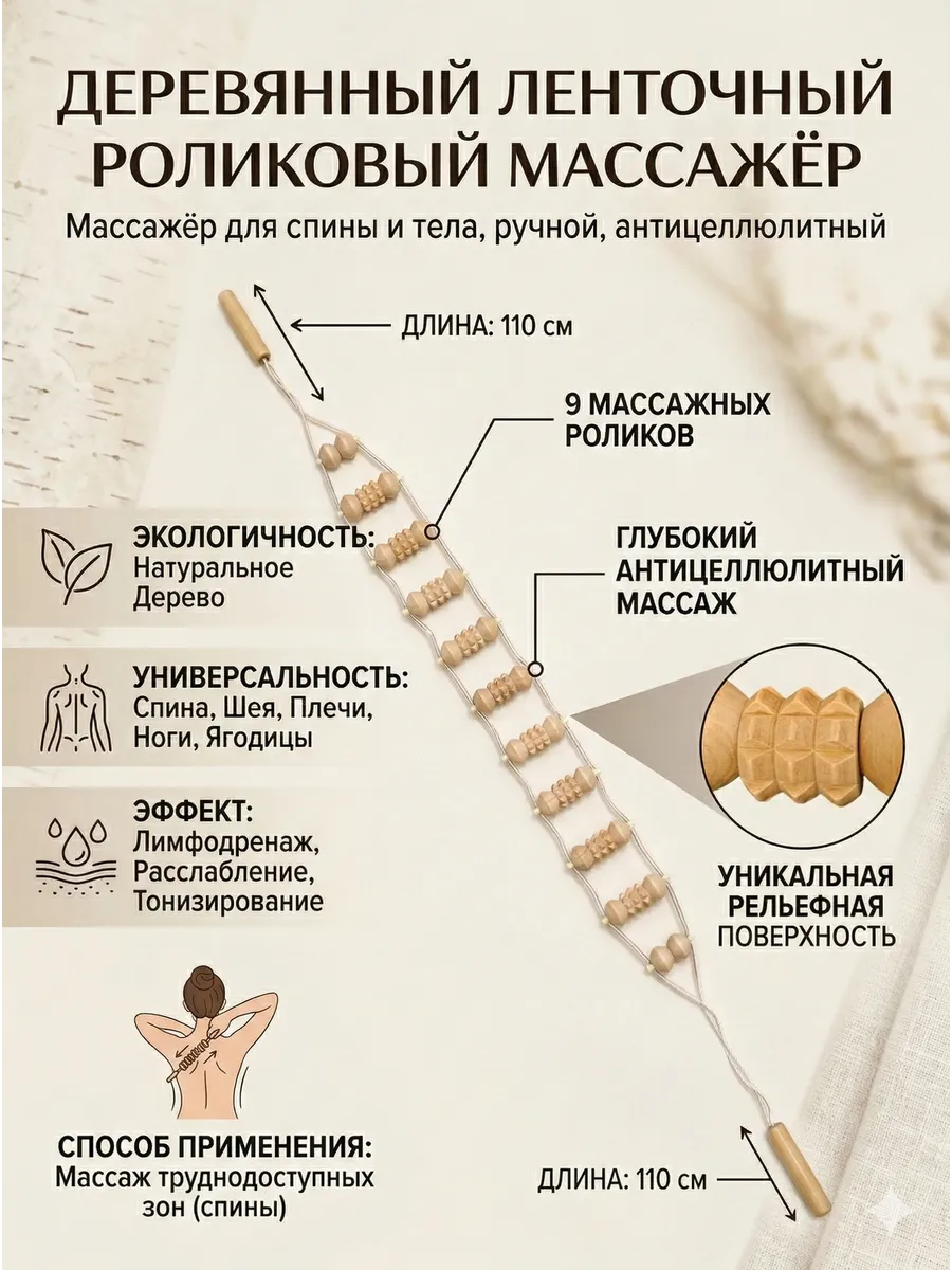 Массажер банный, ручной, роликовый для спины 110 см